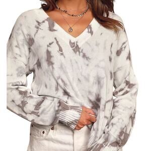 NWT Lulus Chill With Me Cream & Grey Tie-Dye Cotton Knit Pullover Sweater Small